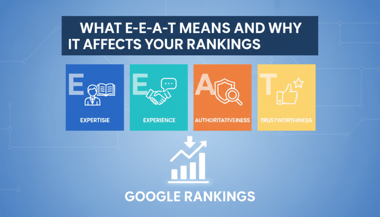 E-E-A-T factors: Expertise, Experience, Authoritativeness, Trustworthiness impacting Google rankings.