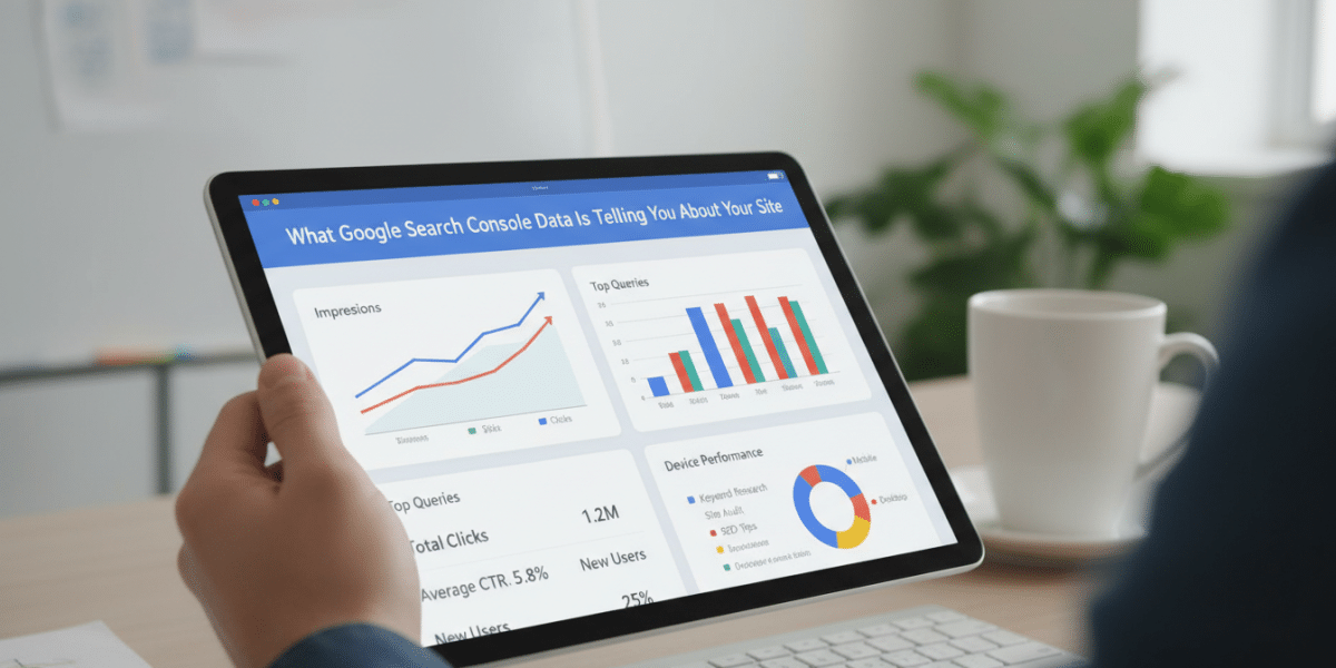 Hand holding tablet displaying Google Search Console SEO analytics.