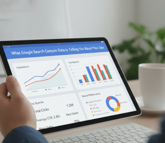 Hand holding tablet displaying Google Search Console SEO analytics.