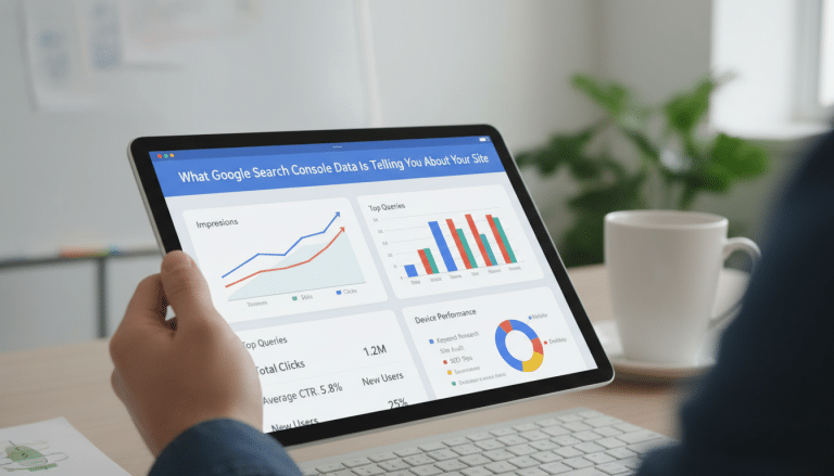 Hand holding tablet displaying Google Search Console SEO analytics.