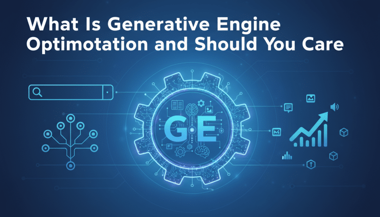 Generative Engine Optimotation (GE) concept with AI and growth icons.
