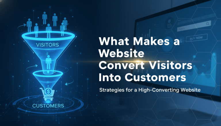 Website conversion funnel showing visitors becoming customers with a shopping cart.