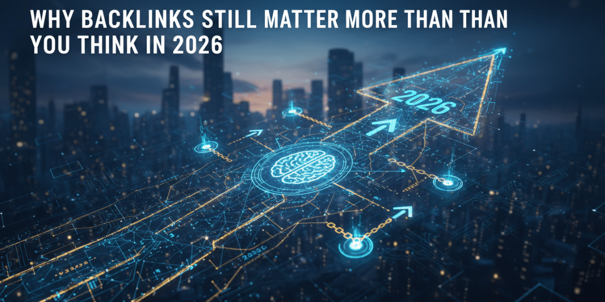 Backlinks matter in 2026: digital brain, circuits, upward arrow.