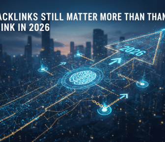Backlinks matter in 2026: digital brain, circuits, upward arrow.