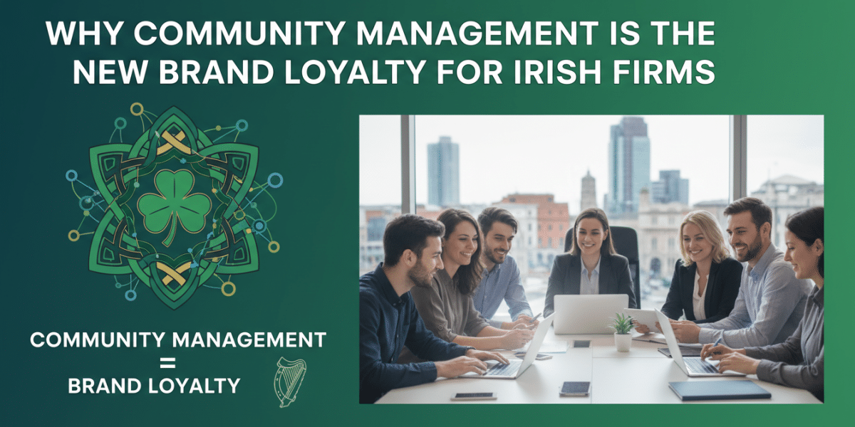 Irish business team discussing community management and brand loyalty.