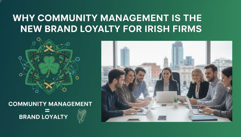 Irish business team discussing community management and brand loyalty.