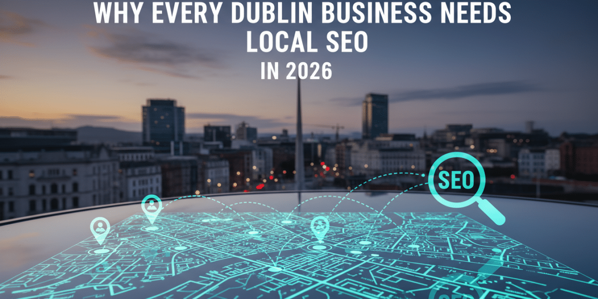 Dublin cityscape featuring a local SEO strategy map.