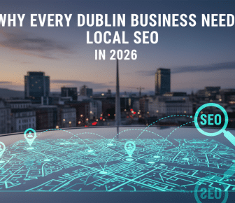 Dublin cityscape featuring a local SEO strategy map.