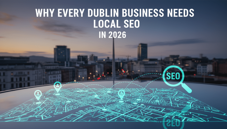 Dublin cityscape featuring a local SEO strategy map.