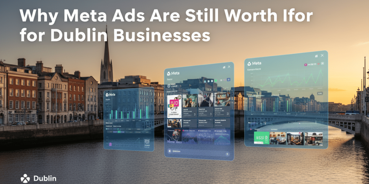 Meta Ads analytics and promotional content displayed over Dublin cityscape.