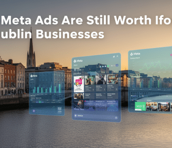 Meta Ads analytics and promotional content displayed over Dublin cityscape.