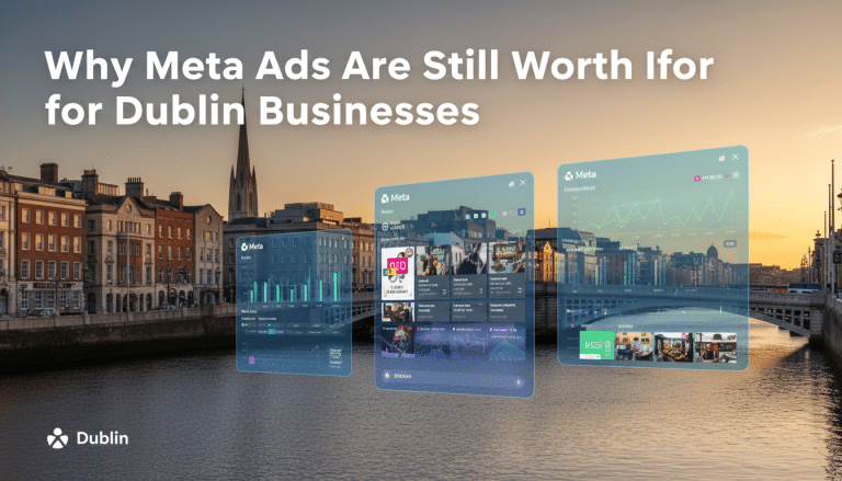Meta Ads analytics and promotional content displayed over Dublin cityscape.