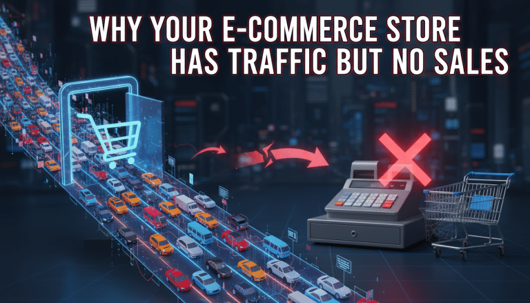 E-commerce traffic but no sales, symbolised by cars and crossed register.