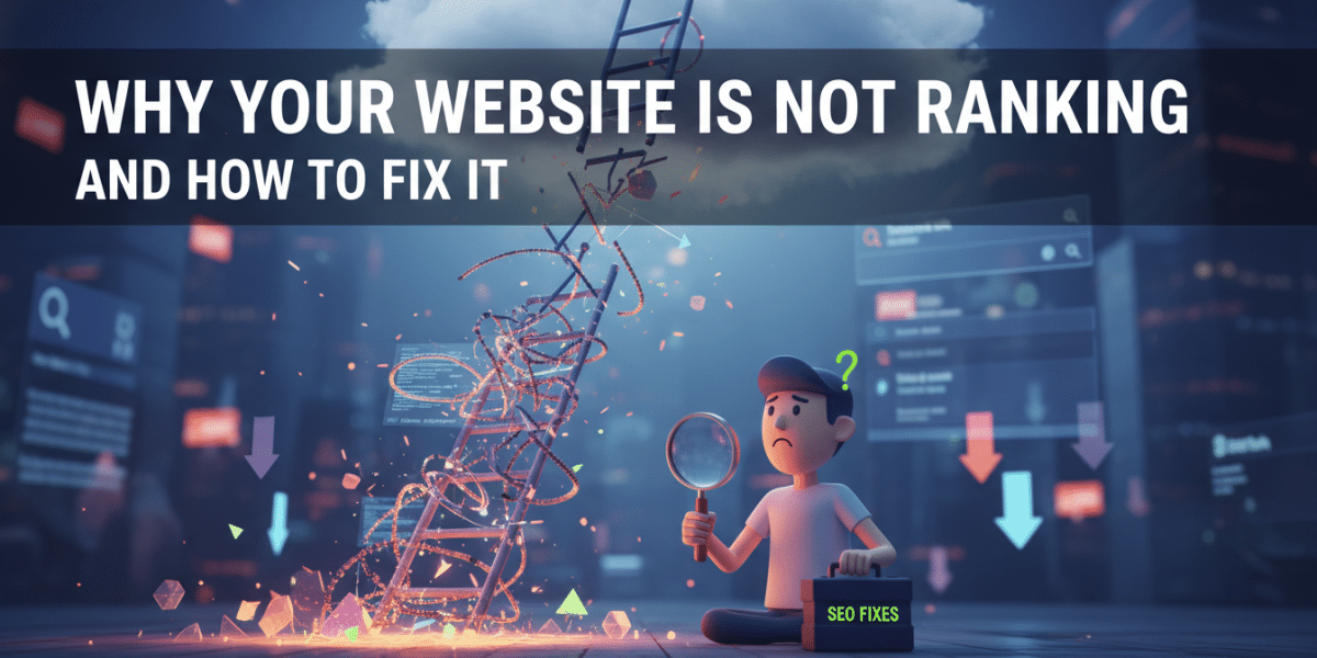 Confused character, broken ranking ladder, 'SEO FIXES' toolbox.