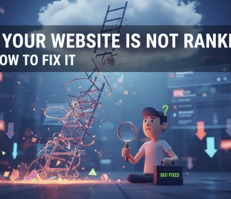 Confused character, broken ranking ladder, 'SEO FIXES' toolbox.