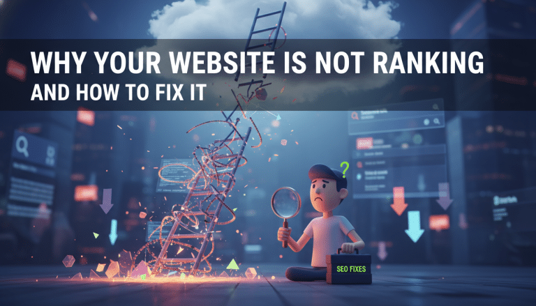 Confused character, broken ranking ladder, 'SEO FIXES' toolbox.