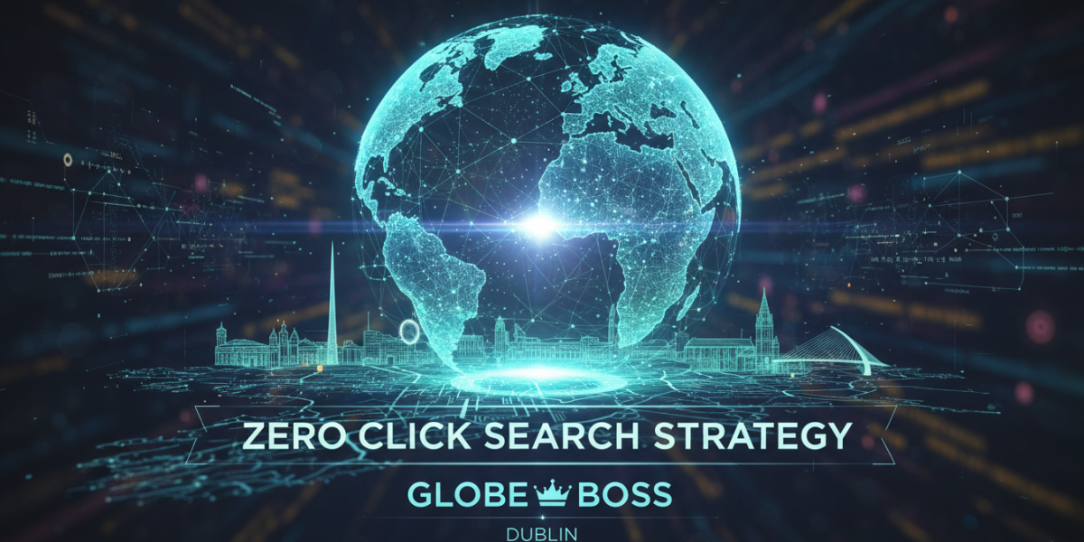 Digital globe, Dublin skyline, 'Zero Click Search Strategy' title.