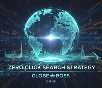 Digital globe, Dublin skyline, 'Zero Click Search Strategy' title.
