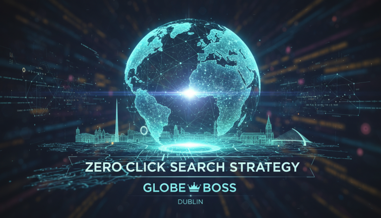 Digital globe, Dublin skyline, 'Zero Click Search Strategy' title.