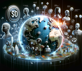 Futuristic global network showing Earth, digital people, and data.