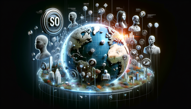 Futuristic global network showing Earth, digital people, and data.