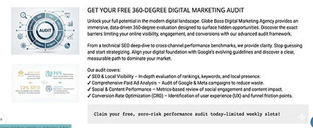 get your free 360 degree digital marketing audit Advertisement for a free 360-degree digital marketing audit.