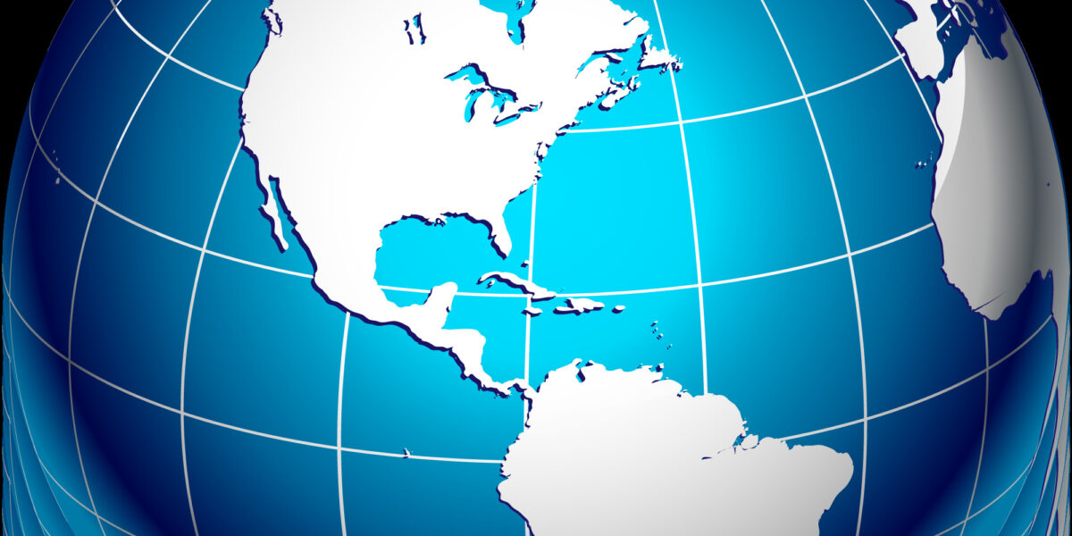 Blue 3D globe showing North and South America continents