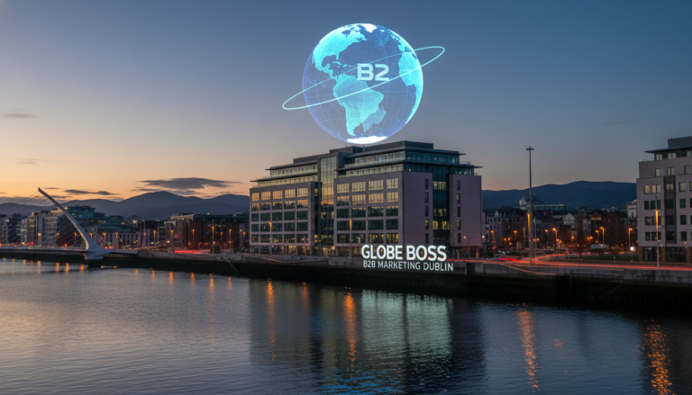 Globe Boss B2B Marketing Dublin riverside office at dusk