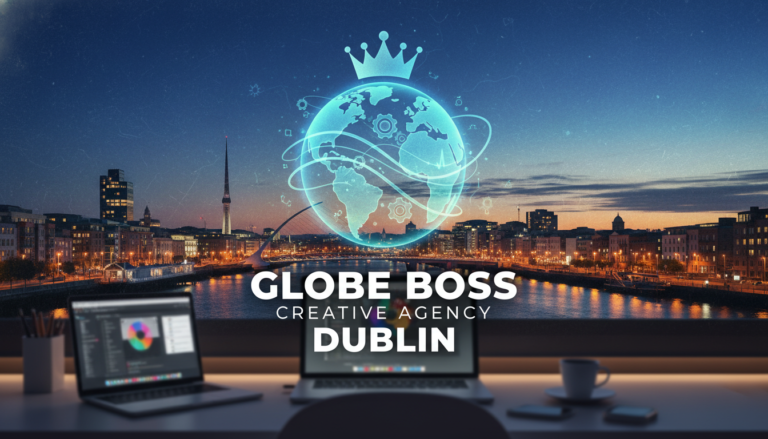 Globe Boss Creative Agency Dublin skyline with glowing globe logo