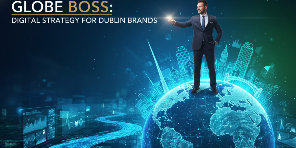 Businessman standing on digital globe promoting Dublin brand strategy