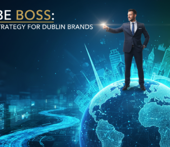 Businessman standing on digital globe promoting Dublin brand strategy