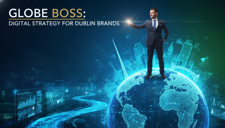 Businessman standing on digital globe promoting Dublin brand strategy