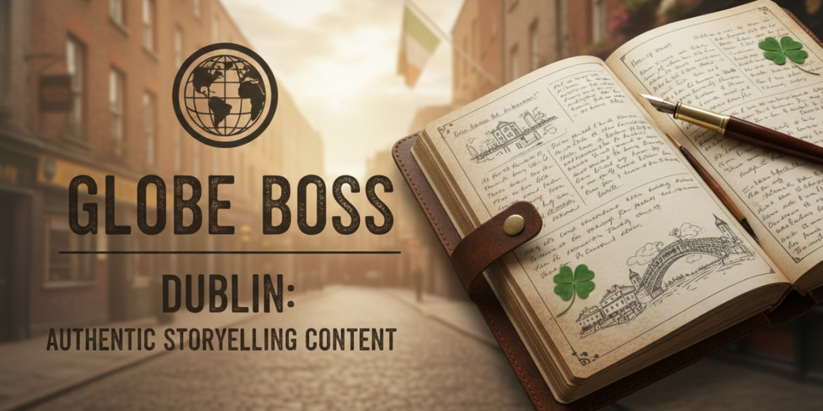 Globe Boss Dublin: Authentic storytelling content, notebook, Irish flag.