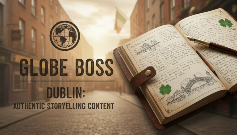 Globe Boss Dublin: Authentic storytelling content, notebook, Irish flag.