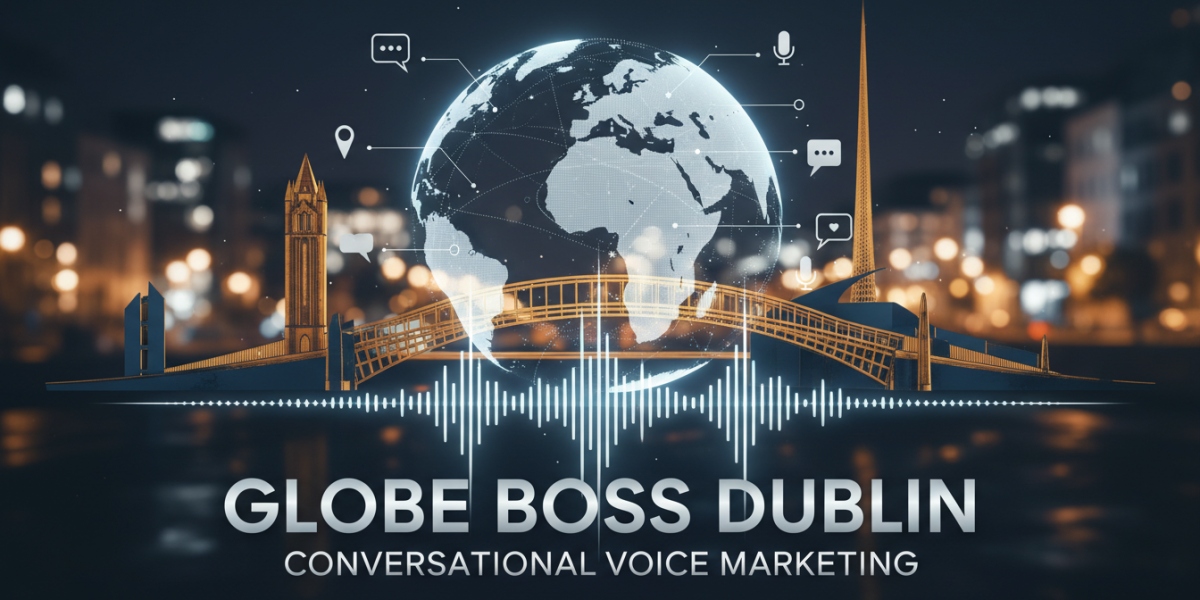 Digital globe over Dublin landmarks representing conversational voice marketing.