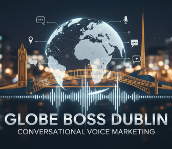 Digital globe over Dublin landmarks representing conversational voice marketing.