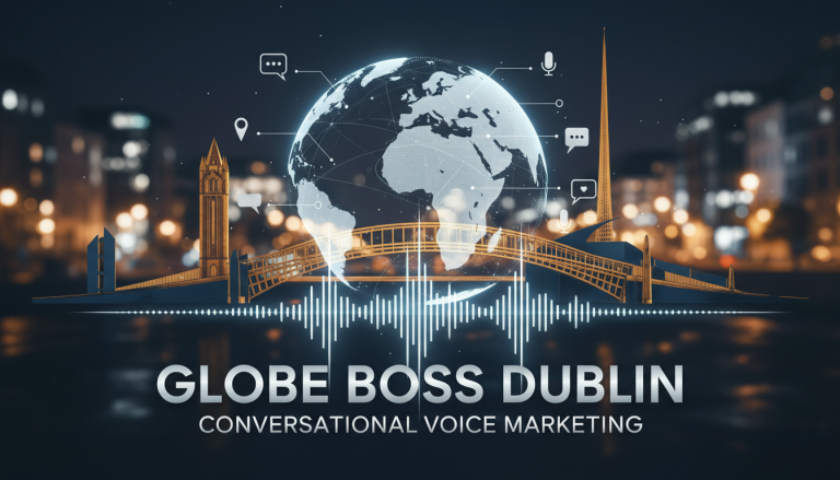 Digital globe over Dublin landmarks representing conversational voice marketing.