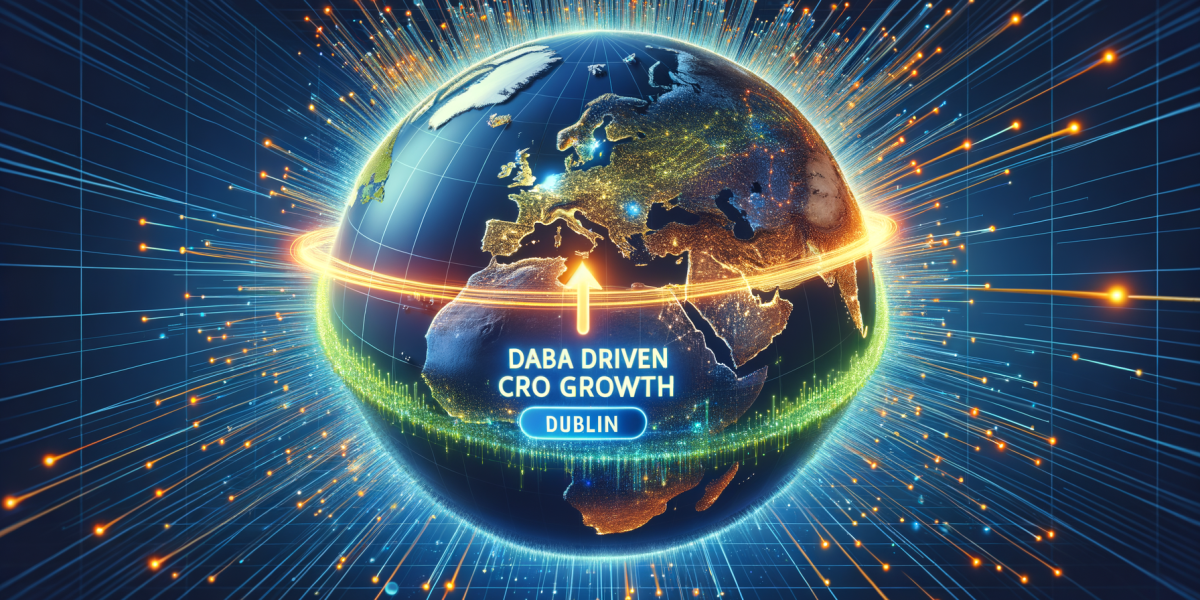 Digital globe showing 'DABA DRIVEN CRO GROWTH DUBLIN' with data streams.
