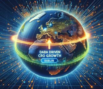 Digital globe showing 'DABA DRIVEN CRO GROWTH DUBLIN' with data streams.