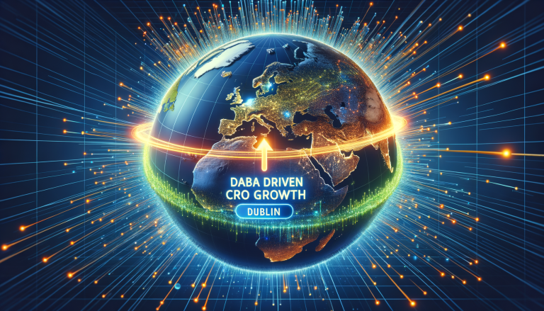 Digital globe showing 'DABA DRIVEN CRO GROWTH DUBLIN' with data streams.