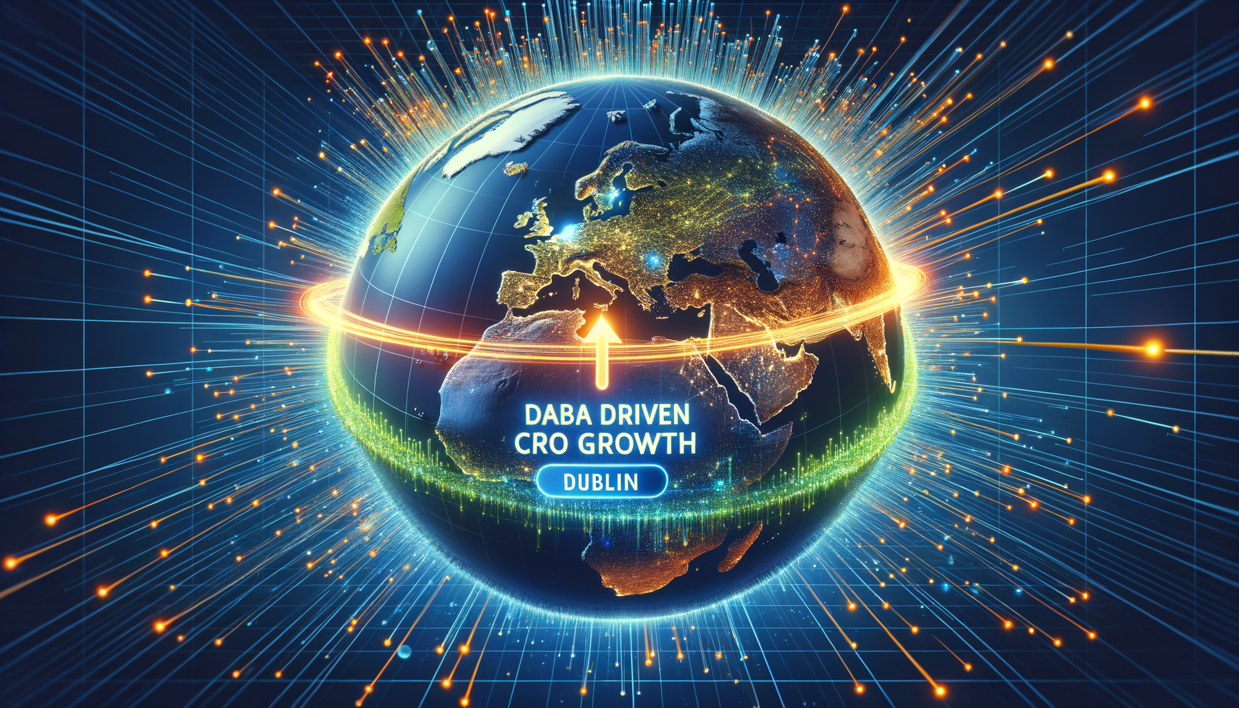 Digital globe showing 'DABA DRIVEN CRO GROWTH DUBLIN' with data streams.
