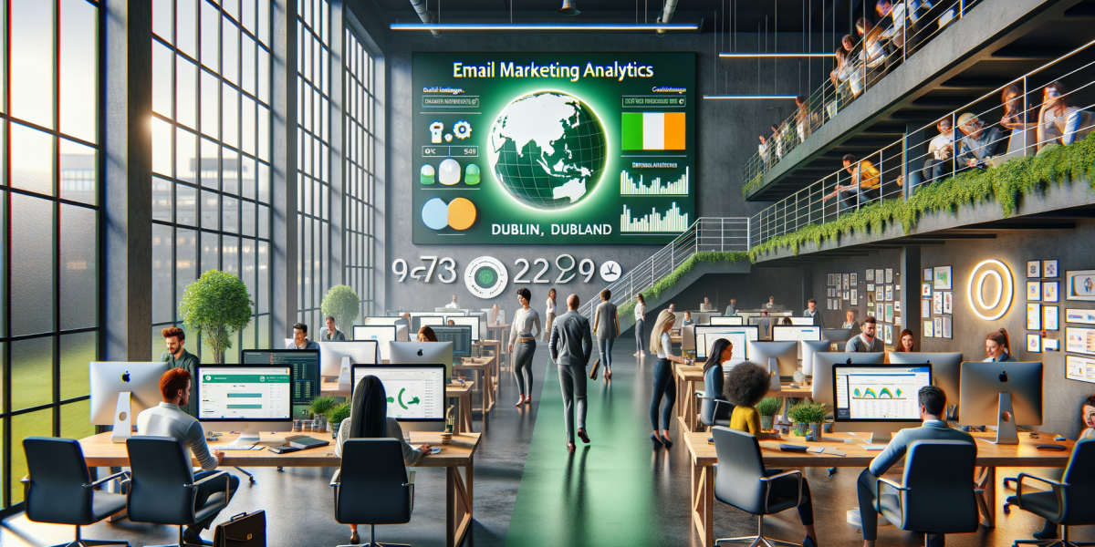 Busy modern office with large email marketing analytics screen.