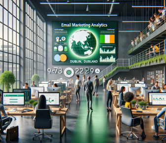 Busy modern office with large email marketing analytics screen.