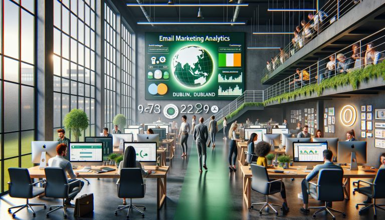 Busy modern office with large email marketing analytics screen.