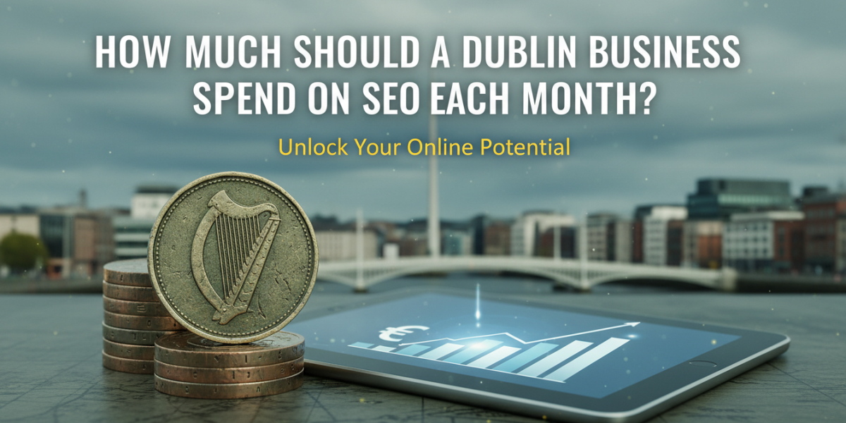 Dublin SEO spending, Irish coins, tablet showing business growth.