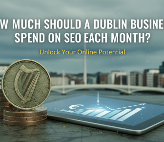 Dublin SEO spending, Irish coins, tablet showing business growth.