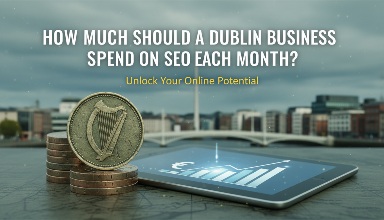 Dublin SEO spending, Irish coins, tablet showing business growth.