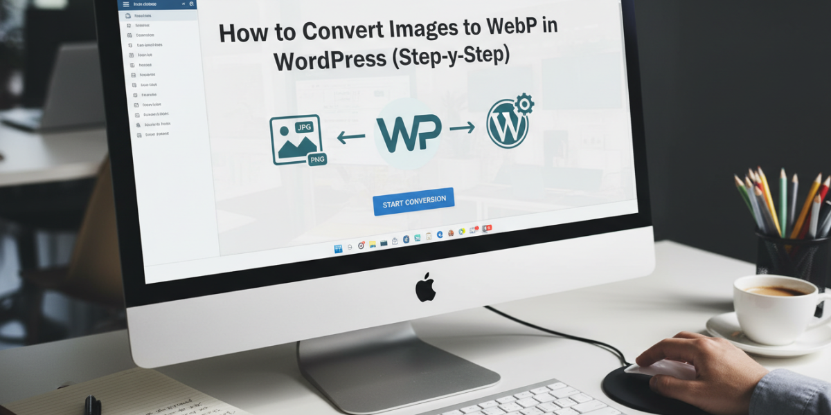 iMac displaying WordPress image to WebP conversion page.