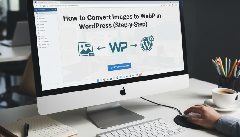 iMac displaying WordPress image to WebP conversion page.