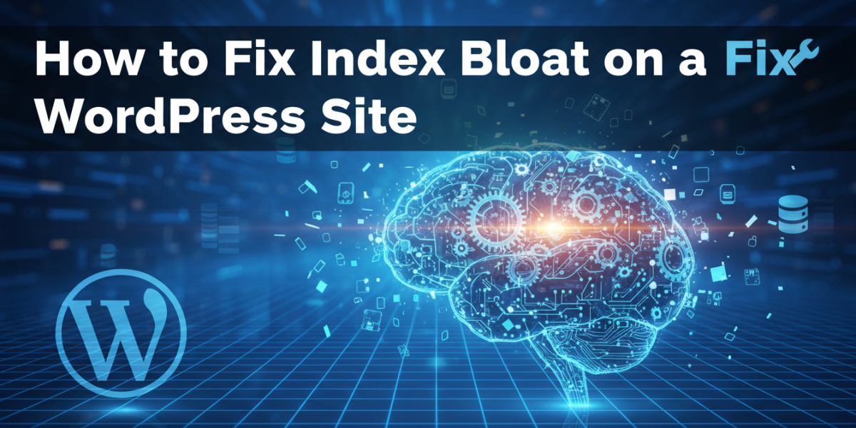 Fix WordPress index bloat: digital brain, database, and WordPress logo.